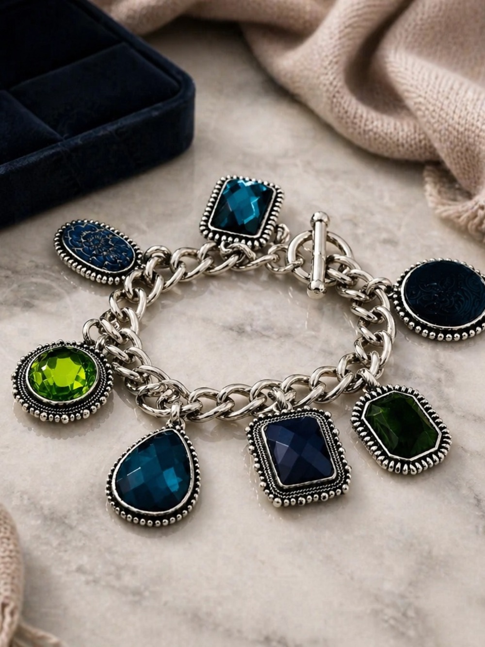 Silver Tone Chunky Colorful Charm Bracelet - Picture 7 of 12